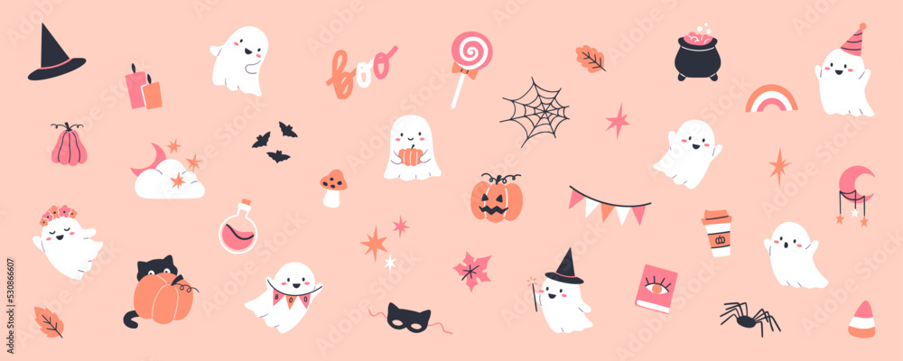 Fototapeta premium Collection of Halloween illustrations with ghosts, pumpkins, bats and other traditional decorations. Vector banner design