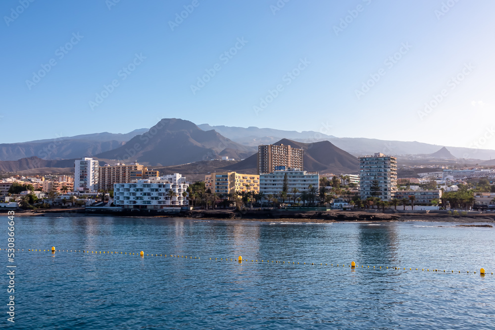 Naklejka premium Panoramic view from the ferry on the port of San Sebastian de La Gomera, La Gomera and Tenerife, Canary Islands, Spain, Europe. Spring and summer. View on the beach and the hills in the backcountry