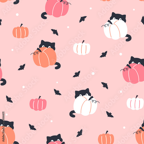 Halloween seamless pattern with cats and pumpkins. Vector cartoon design