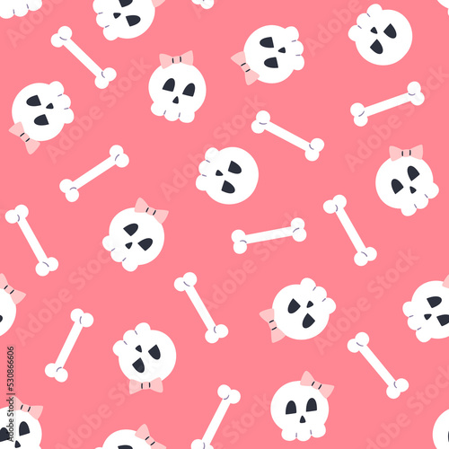 Halloween seamless pattern with sculls and bones on pink background