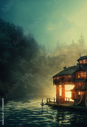 industrial boat house on river rustic magical steampunk Digital Art Illustration Fototapet