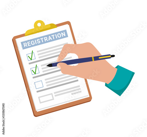Man holding a registration sheet in his hand, form illustration with man signing a paper work document. Vector Modern flat design concept for web banners, web sites, infographics, printed materials.