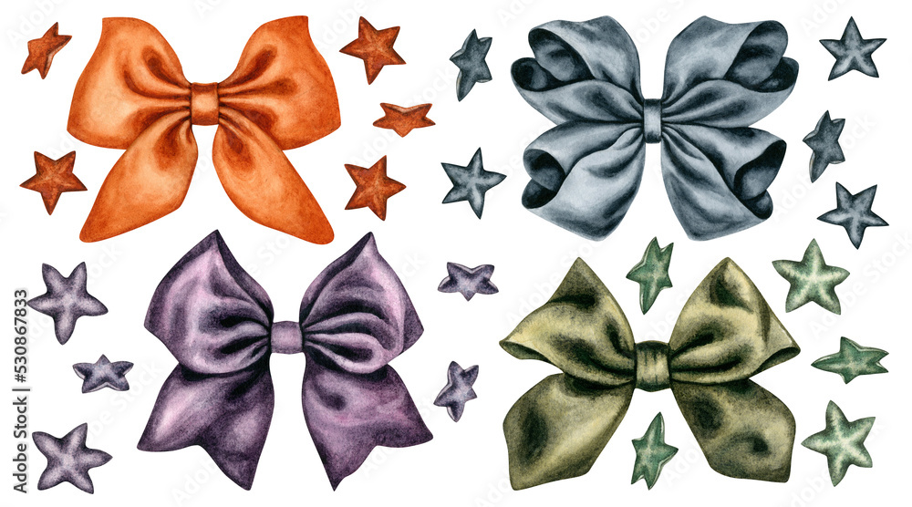 Set of bows and stars in four colors. Orange, purple, gray and green. Halloween 2022 watercolor palette colors for Christmas, birthday, party, postcard, banners. Elements isolated on white background