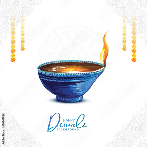 Illustration of watercolor burning diya on happy diwali holiday card background