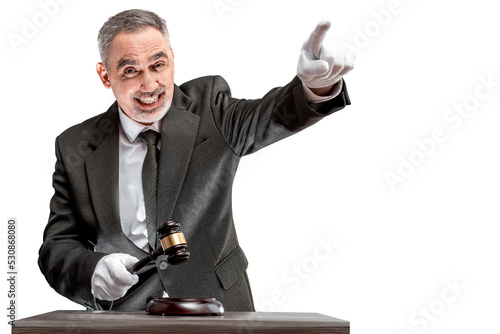 Auctioneer, salesperson with gavel at public auction. Senior male barker in formal elegant suit with auction hammer for close the bidding