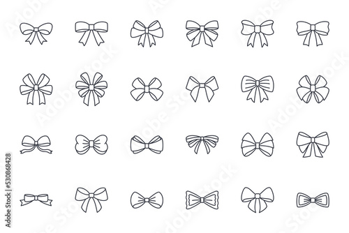 Vector bow ribbon icon. Editable stroke. Set of linear icons. Decorative gift ribbons. Fashion accessory sign. Festive wrapping christmas birthday. Isolated elements on white background
