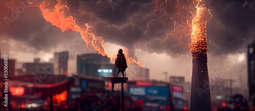 Foto woman in leather suit holds a burning umbrella Digital Art Illustration Painting
