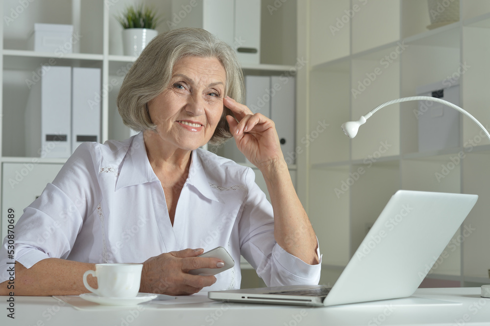Elderly woman in headphones take online course on computer at home. Elderly woman in headphones take online course on computer at home.
