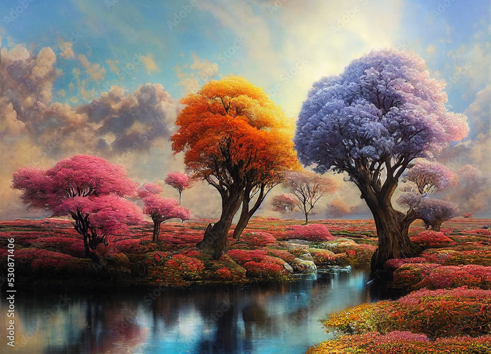 Obraz premium beautiful fantasy surreal landscape with river and lush vegetation, digital art