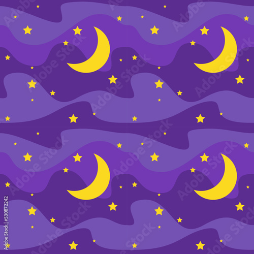 Dark purple night sky with bright yellow stars and a moon. Seamless pattern for Halloween, background, print. Vector illustration