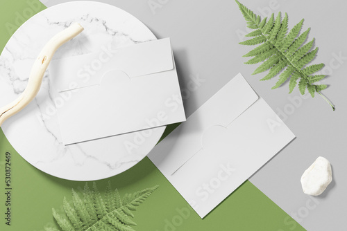Clean minimal letter mockup on plate with polypody and stick photo
