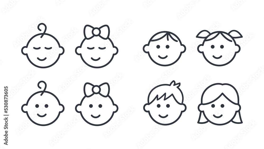 Vector girl and boy icons. Editable stroke. Set of line icons of children. Babies kindergarteners teenagers schoolchildren. Kids signs toilet changing room. Isolated elements on white background