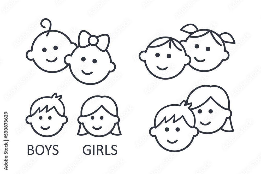 Vector girl and boy icons. Editable stroke. Set of line icons of children. Kids signs toilet changing room. A couple of kindergartners schoolchildren teenagers. Isolated elements on white background Vector girl and boy icons. Editable stroke. Set of line icons of children. Kids signs toilet changing room. A couple of kindergartners schoolchildren teenagers. Isolated elements on white background