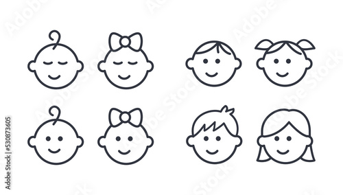 Vector girl and boy icons. Editable stroke. Set of line icons of children. Babies kindergarteners teenagers schoolchildren. Kids signs toilet changing room. Isolated elements on white background