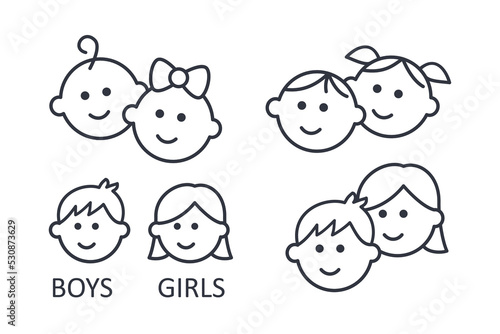 Vector girl and boy icons. Editable stroke. Set of line icons of children. Kids signs toilet changing room. A couple of kindergartners schoolchildren teenagers. Isolated elements on white background