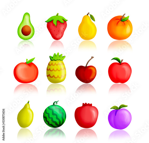 Fruit set collection.avocado, strawberry, apple, pear, orange, pomegranate, pineapple, cherry tomato, watermelon, plum.