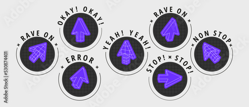 Stickers set of abstract geometric shapes. Flat vector illustration with 3d wireframe models. Concept psychedelic techno style.