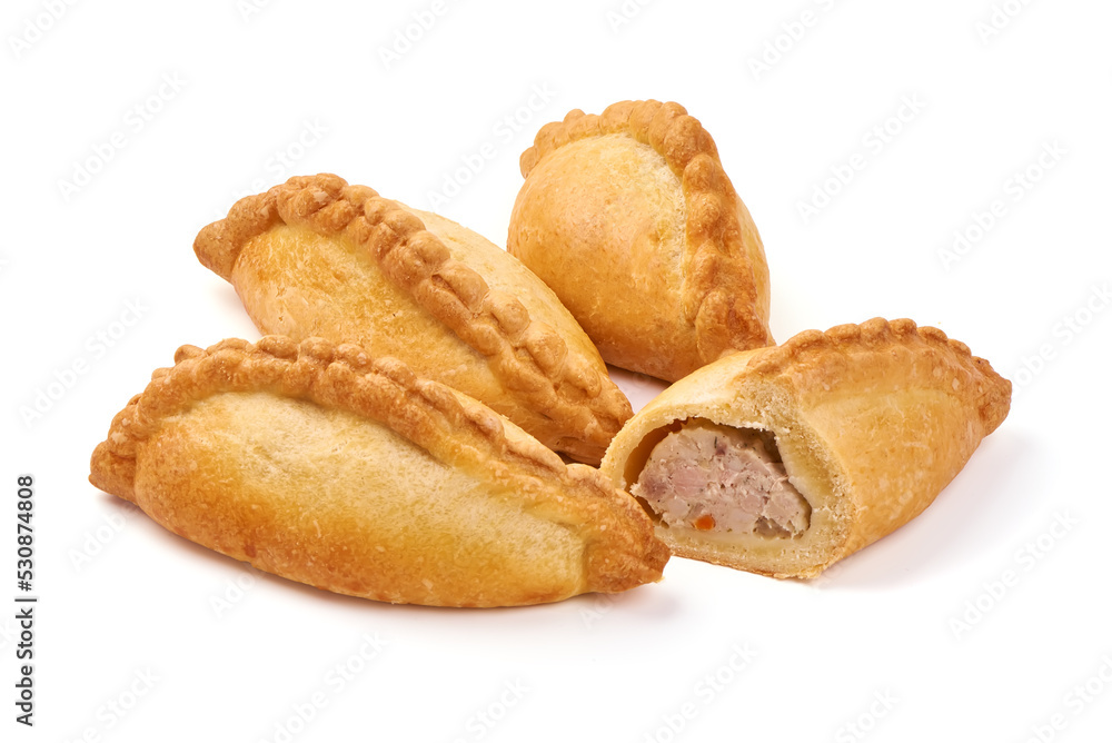 Freshly baked buns with meat, isolated on white background. Freshly baked buns with meat, isolated on white background.