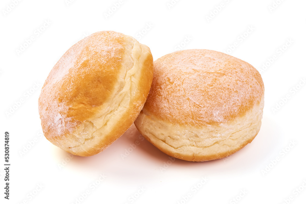 Yeast donuts with powdered sugar, isolated on white background. Yeast donuts with powdered sugar, isolated on white background.