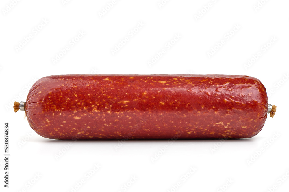 Smoked salami sausage, isolated on white background. Smoked salami sausage, isolated on white background.