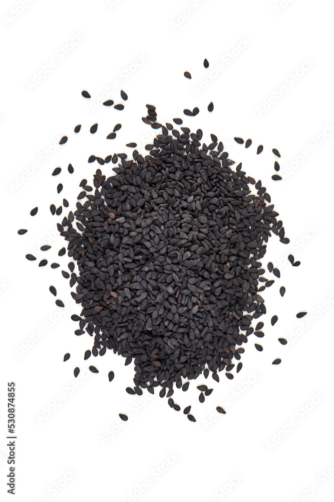 Black sesame seeds, isolated on white background. Black sesame seeds, isolated on white background.