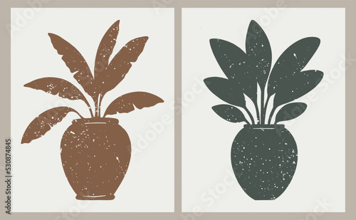 Boho Earthy Botanical Illustration Plants in a Pot Palm Leaf and Monstera Mid Century Earthy Neutral Hand-Drawn Vector Illustration Set