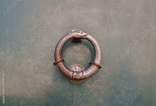 Bild auf Leinwand Close-up of a door knocker in the shape of an uroboros, an ancient symbol depict