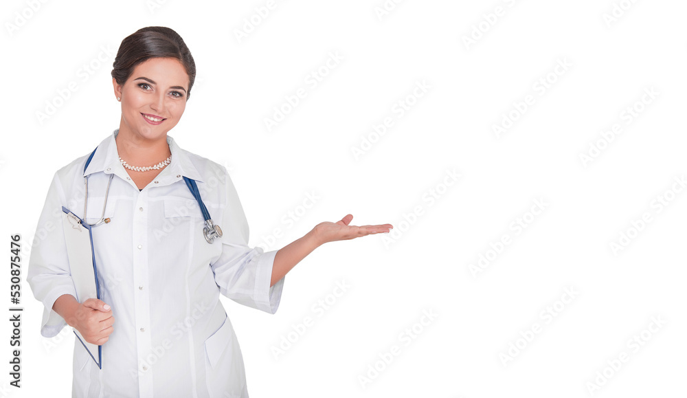 Beautiful smiling woman doctor showing Empty hand isolated with copy space for text Beautiful smiling woman doctor showing Empty hand isolated with copy space for text