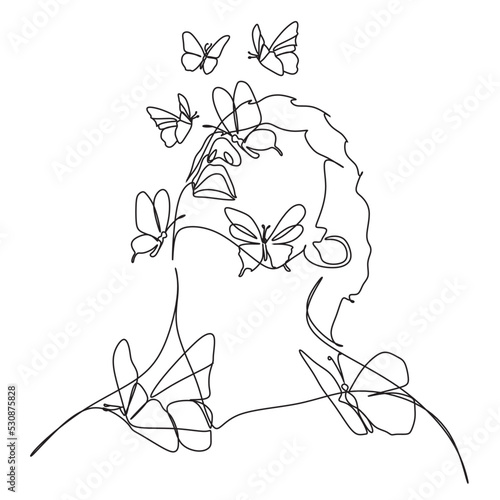 Man face with butterfly. Abstract face with butterfly by one line vector drawing. Portrait minimalistic style. Botanical print. Nature symbol of cosmetics. 