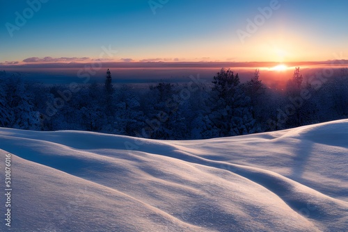 Sunrise in a snowy winter landscape. 