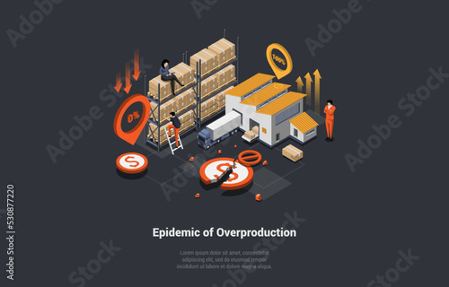 Global World Crisis And Epidemic Of Overproduction. Oversupply of Goods On Market as a Consequence of Economic Crisis. Decline, Downfall, Inflation And Devaluation. Isometric 3d Vector Illustration