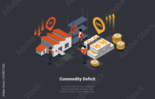 Global World Crisis And Commodity Deficit. Oversupply of Goods On Market as a Consequence of Economic Crisis. Decline, Downfall, Inflation And Devaluation. Isometric 3d Vector Illustration