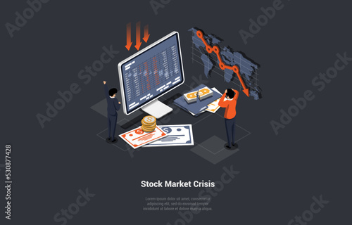 Global World Financial Crash, Stock Market Crisis Concept. Shocked Traders Got Margin Call, And Try to Control Situation On Market. Downfall, Inflation, Bankruptcy. Isometric 3d Vector Illustration