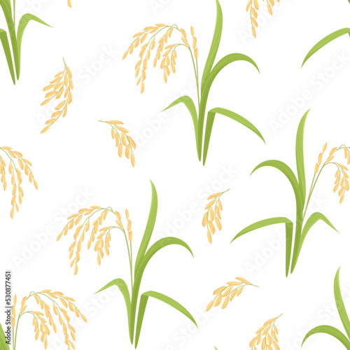 Rice plant seamless pattern. Botanical background with paddy rice ear with green leaf. Vector cartoon illustration.