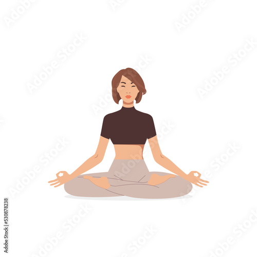Wallpaper Mural Happy Asian woman sitting in lotus position practicing yoga. Female with crossed legs meditating on mat isolated on white. Vector illustration Torontodigital.ca