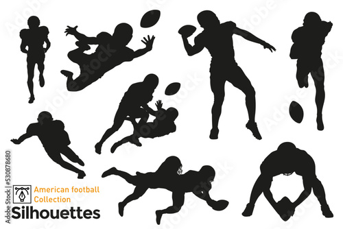 Set of isolated silhouettes of american football players in different poses.