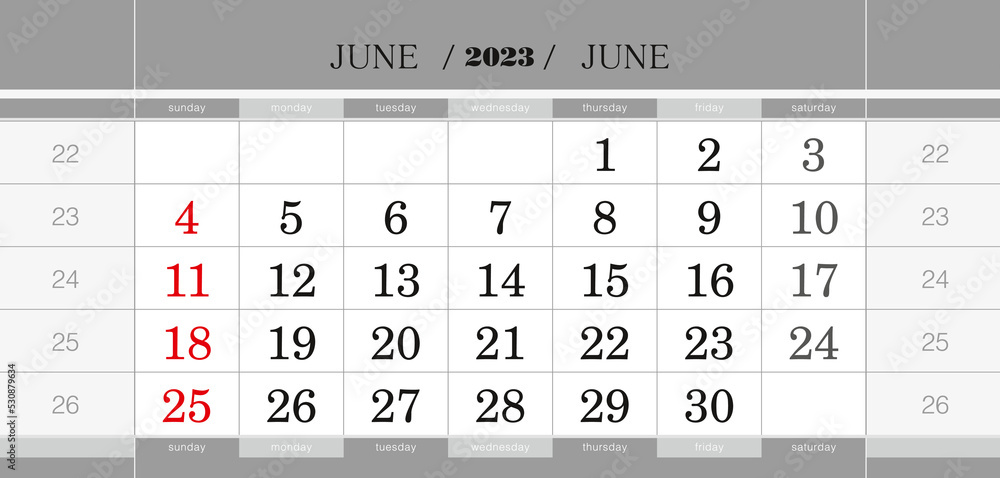 June 2023 quarterly calendar block. Wall calendar in English, week June 2023 quarterly calendar block. Wall calendar in English, week