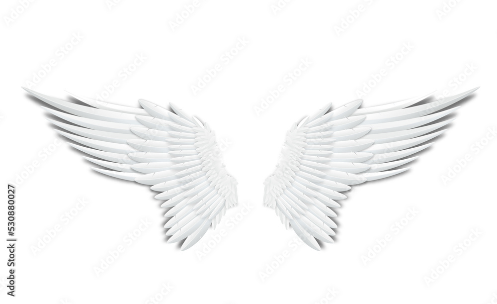 Fototapeta premium Template of white feathers angel or bird wings realistic vector illustration isolated neutral grey background. Template of wing for emblems and logo design.