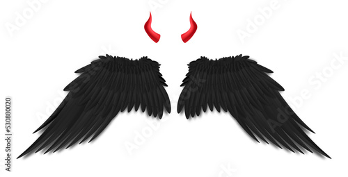 Template of devil black feather wings and small red horns, realistic vector illustration isolated on grey background. Demon attributes or Halloween costume elements.