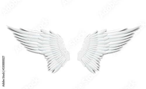 Template of white feathers angel or bird wings realistic vector illustration isolated neutral grey background. Template of wing for emblems and logo design.