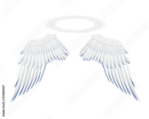 Angels white feather wings with glowing halo aureole  realistic mockup vector illustration isolated on grey background. Heaven saint symbol or sign template.
