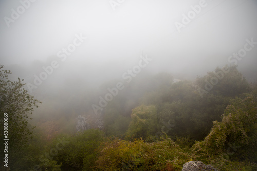 Landscape in the clouds under Mount Pantokrator on the island of Corfu