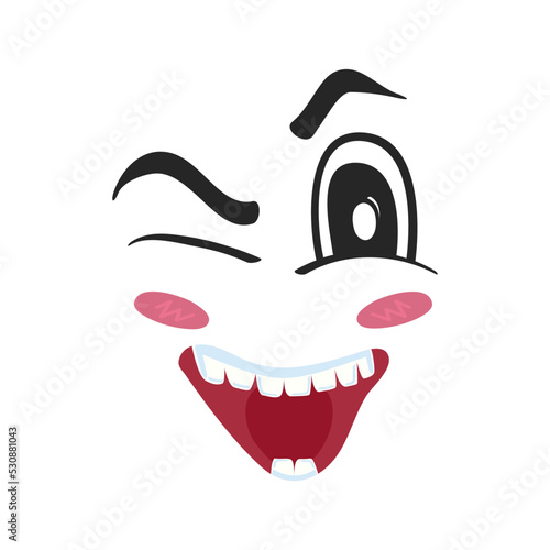 Playful emoji emoticon or smiley face character. Funny facial expression, cute comic face isolated vector illustration.