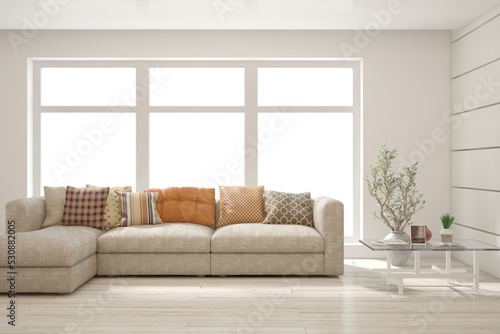 White living room with sofa. Scandinavian interior design. 3D illustration