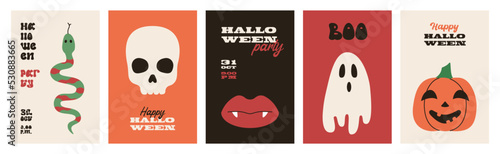 Set of groovy halloween posters. Halloween invitation in minimalist retro style