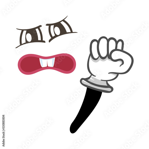 Fury smiley face with fist gesture. Funny facial expression, cute comic emoji, emoticon character isolated vector illustration.