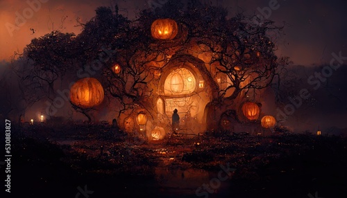 Gloomy background for Halloween. Landscape with pumpkins and neon  dramatic  dry branches  tree silhouettes  scary night. 3D illustration  