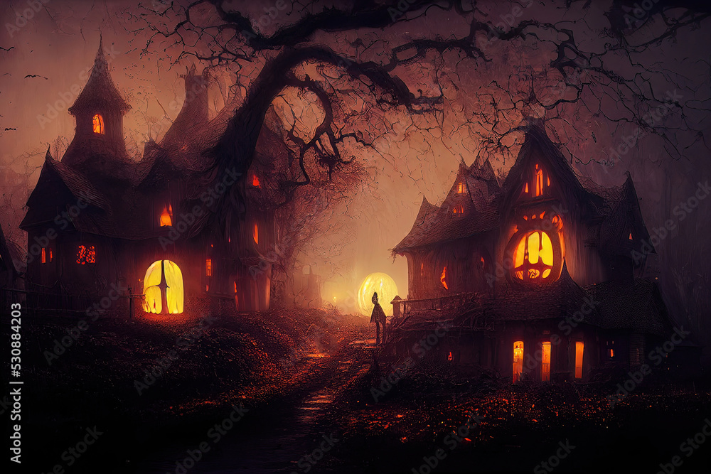 Gloomy background for Halloween. Landscape with pumpkins and neon ...
