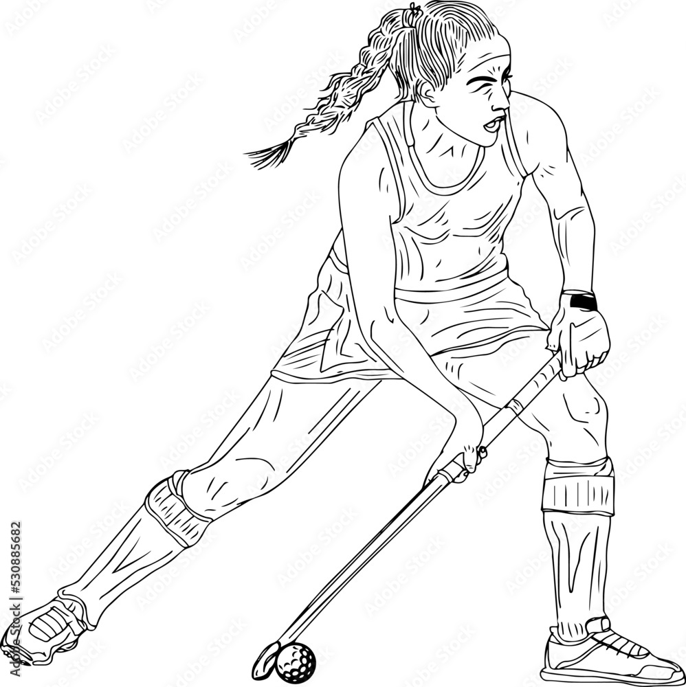 Woman field hockey player outline vector illustration, Girl hockey player sketch drawing