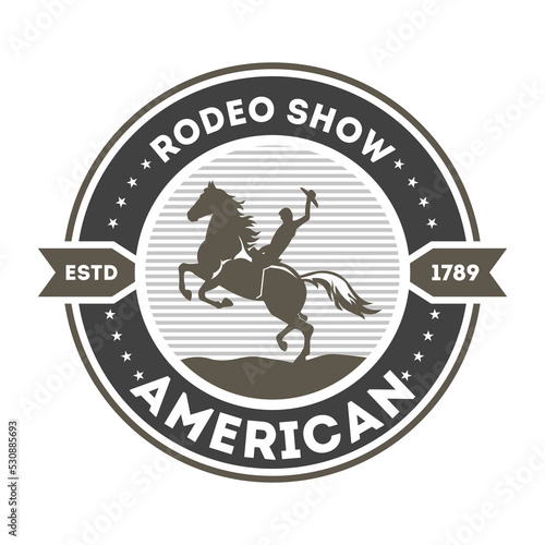 American rodeo show isolated label. Wild west cowboy event badge in monochrome style, horseman sign, authentic western show symbol vector illustration.